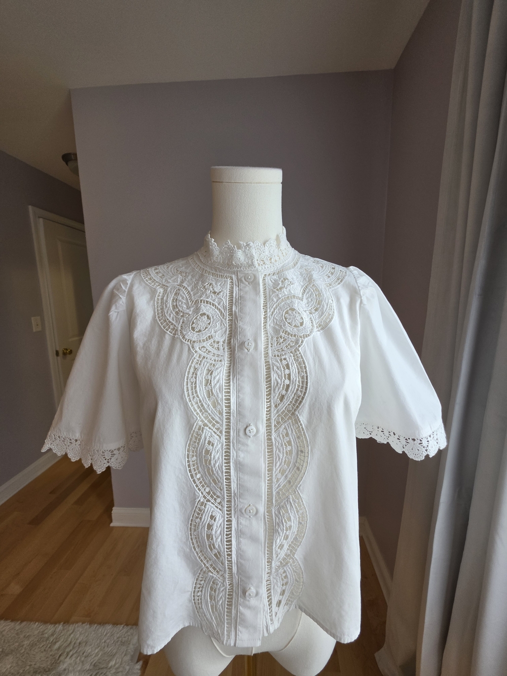 Sezane White Lace-Trim Button Front Blouse